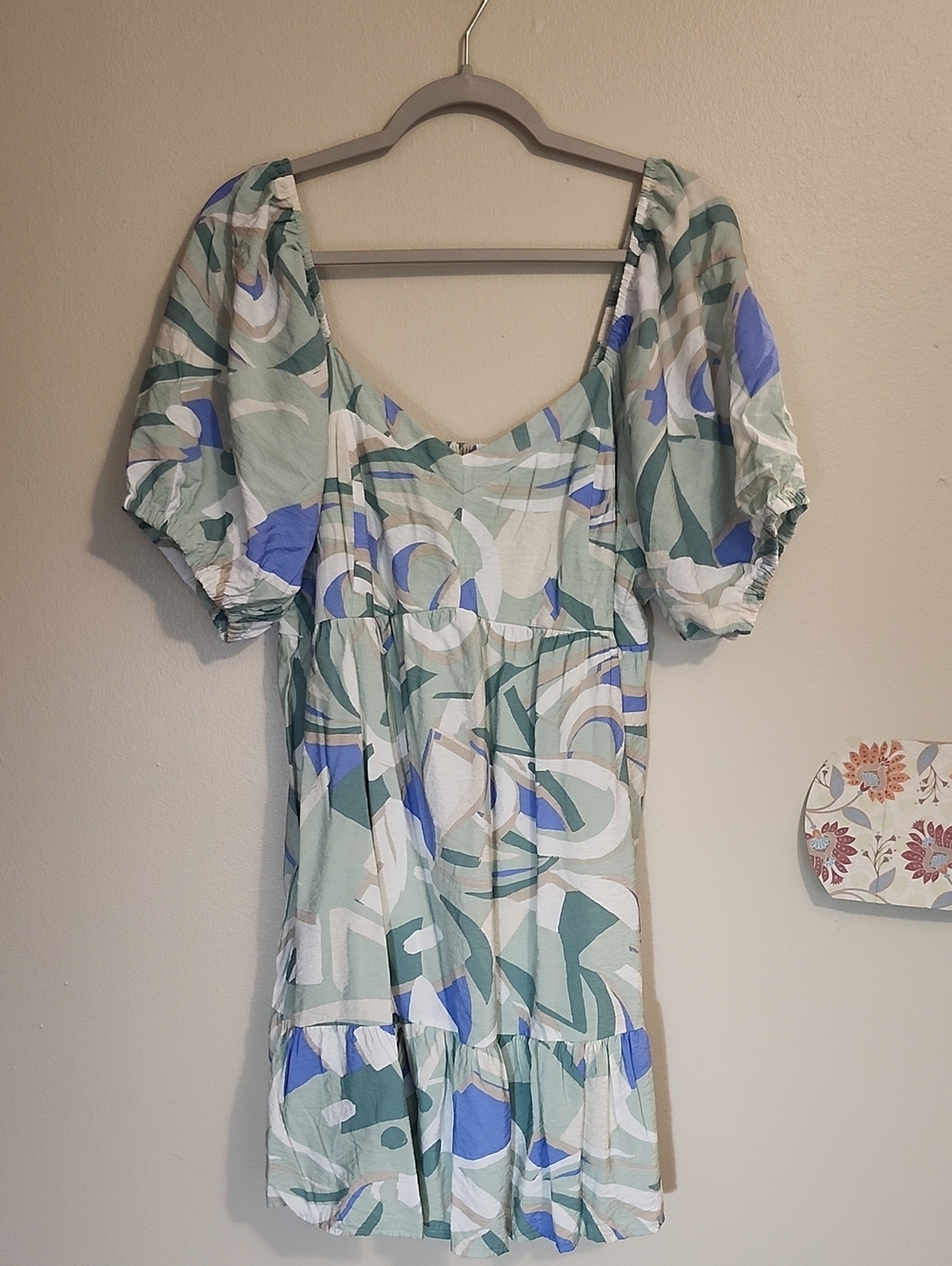 Nine West Sage, Blue & White Abstract Puff Sleeve Mini Dress Size XXL